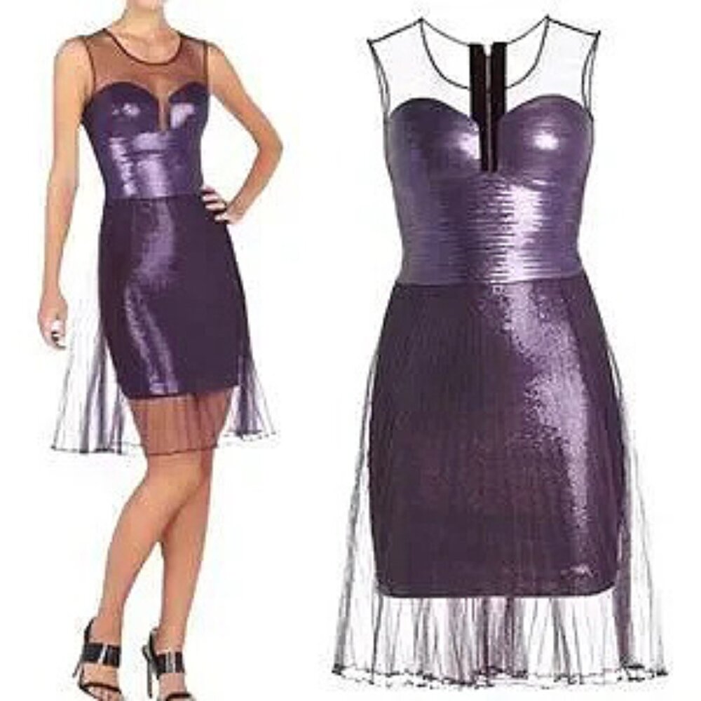 💥 INSANELY BEAUTIFUL💥BCBGMaxAzria KORINA SEQUINE & MESH DRESS in PURPLE